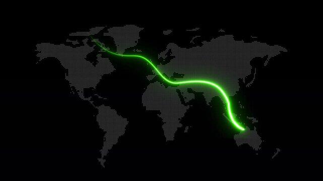 Global business neon glowing line and world map background animation 4k. Abstract glowing neon business graph growth arrow down arrow.