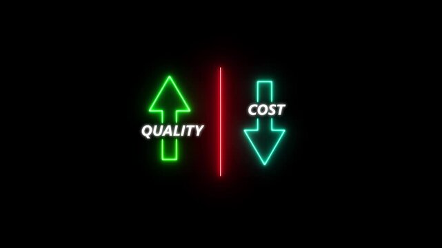 glowing neon Cost and quality control concept. Percentage icon of quality Successful organization strategy and management. Percentage icon of quality with up arrow and cost with down arrow.