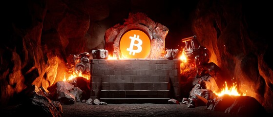 Obraz premium Bitcoin altar in fiery cavern