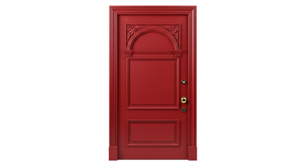 classic red door with ornate trim on a white background 