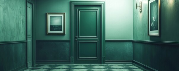 Elegant green interior design with framed art and luxuriant indoor plants