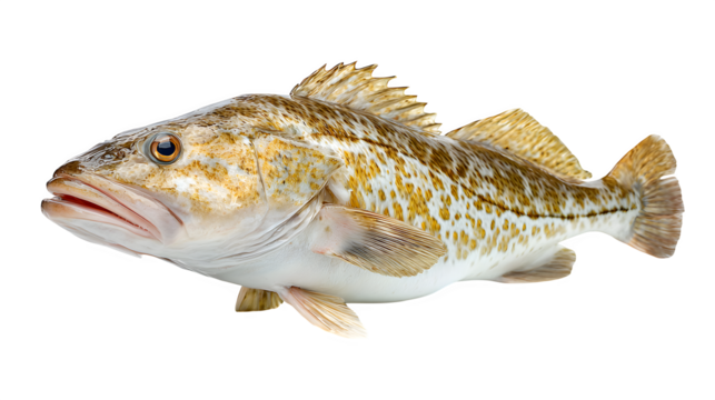 Whole raw Atlantic cod fish, isolated on a clean white background,