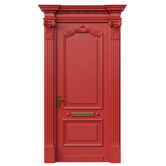 classic red door with ornate trim on a white background 