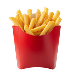 crispy french fries in a red paper container on a white background