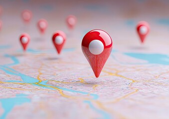 Red map markers floating over a map