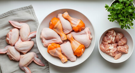 Assortment Of Fresh Chicken Pieces On White Background Preparation for Meal