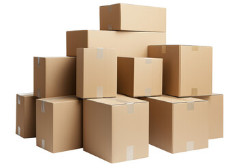 Fototapeta premium Stacked cardboard boxes on a white or transparent background, ideal for themes of packaging, shipping, delivery, storage, moving, and logistics visuals.