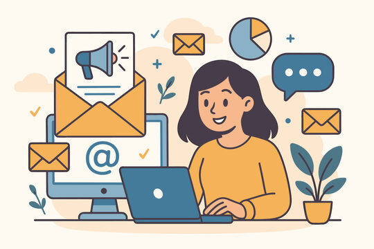 Email marketing newsletter campaign illustration. Female marketer at laptop. Digital direct sales, client mailing list management, online communication, notifications, data analytics, vector concept