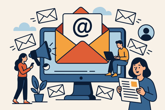 Email Marketing Campaign Concept. Newsletter Subscription, Targeted Direct Sales, Client Mailing List Management. Digital Communication, Promotional Outreach, Teamwork. Vector Cartoon Illustration