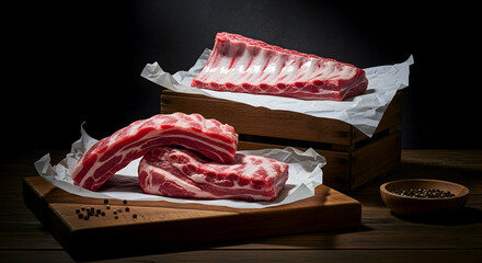 Fresh Pork Ribs Displayed on Wooden Surface with Culinary Garnishes