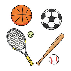 Sports Equipment Vector Set – Basketball, Soccer Ball, Tennis, and Baseball Icons

