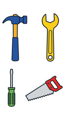 Colorful Hand Tools Vector Set – Hammer, Wrench, Screwdriver, and Handsaw Illustration

