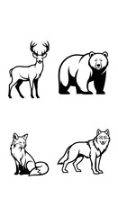 Fototapeta premium Wild Forest Animals Vector Set – Black and White Line Art of Deer, Bear, Fox, and Wolf