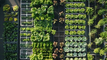 Fototapeta premium Aerial view of a vertical garden with rows of lettuce and other leafy green vegetables growing in containers .