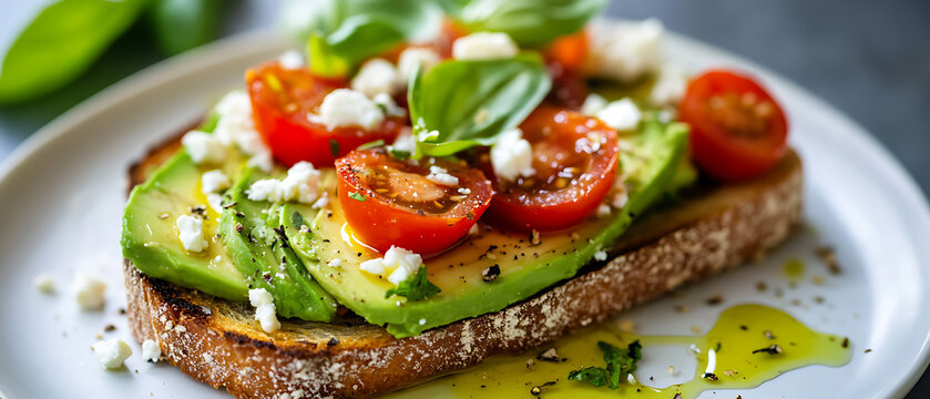 Avocado Toast Topped with Cherry Tomatoes, Feta Cheese, and Fresh Basil