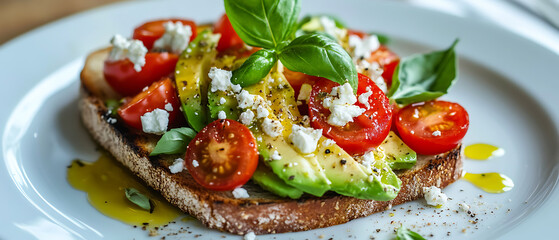Avocado Toast Topped with Cherry Tomatoes, Feta Cheese, and Fresh Basil