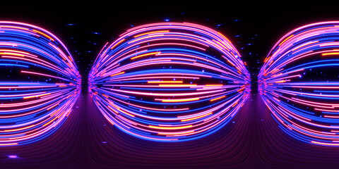 HDRI. Glowing neon lines. Full spherical panorama 360 degrees. 3D render illustration.