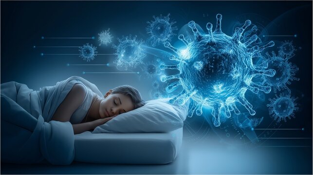 Digital art of female sleeping with virus particles floating above, highlighting the concept of sleep and health risks, Generative AI - Powered by Adobe