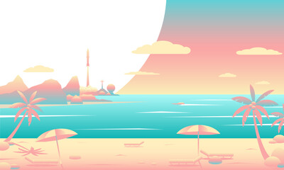 Vector minimalistic illustration of a rocket launch near a tropical beach, palm trees, umbrellas, sun loungers, pastel sea, and futuristic buildings. Ideal for summer, space, and exploration concept