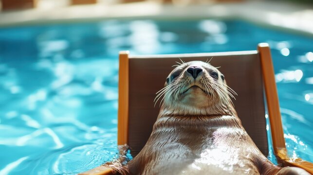 A charming seal lounges comfortably on a sun chair beside a sparkling pool, presenting a playful and unique perspective of wildlife enjoying leisure time in a vibrant setting.