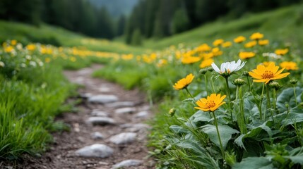 A serene view of a colorful flower-filled meadow with a rocky path leading through vibrant yellow flowers and lush greenery that invites exploration and connection with nature.