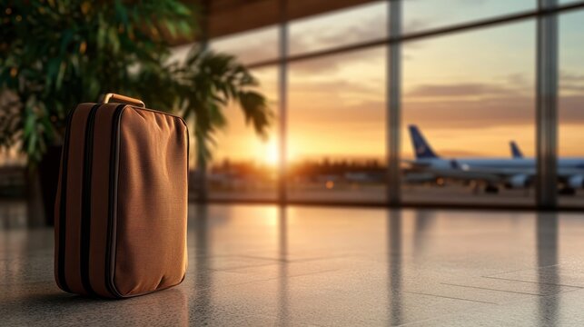 A lone piece of luggage sits on a polished airport floor, illuminated by a stunning sunset, evoking feelings of travel, adventure, and anticipation for journeys ahead.
