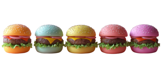 Indulge in Pastel Burger Bliss on transparent background. cut flower elements, garden themed designs. Top view high quality PNG. design elements, top view - flat lay