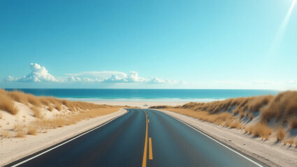 Fototapeta premium A sleek, asphalt coastal road stretches towards the vanishing point, surrounded by lush greenery and sparse palm trees