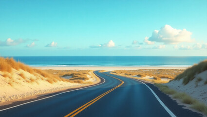 Fototapeta premium A sleek, asphalt coastal road stretches towards the vanishing point, surrounded by lush greenery and sparse palm trees