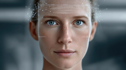 Digital face scan, blue eye woman, freckles, futuristic technology, biometric data, closeup, confident expression