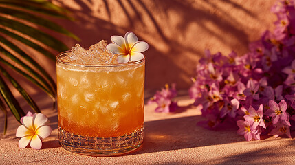 Orange cocktail with flower garnish in sunset lighting
