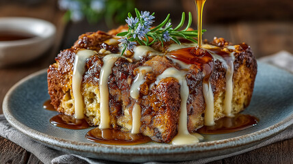 Cinnamon roll with floral garnish and icing drizzle
