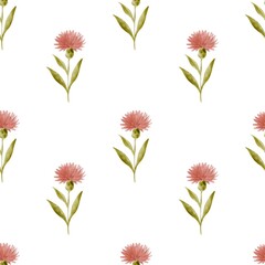 Watercolor wildflower pattern with bellflowers, daisies, cornflowers, carnations and forget-me-nots in soft seamless layout