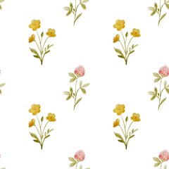 Delicate watercolor botanical pattern with wild daisies, cornflowers, bellflowers, forget-me-nots and carnations on white
