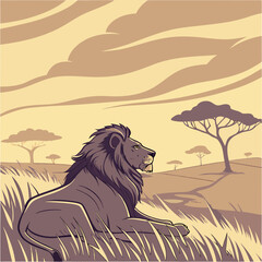 Illustration d&rsquo;un lion majestueux, couch&eacute; sur une savane dor&eacute;e au coucher du soleil, avec sa crini&egrave;re dense flottant dans le vent.