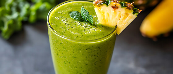 Green Smoothie with Pineapple Garnish and Mint Leaves