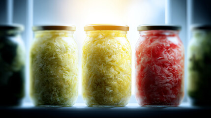 Glass jars of fermented cabbage glowing in sunlight
