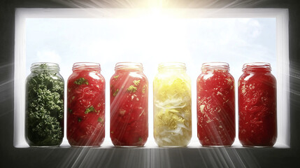Colorful jars of sauerkraut lit by the sun
