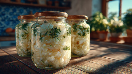Glass jars of fermented cabbage with dill
