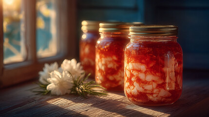 Sunlit jars of homemade red sauerkraut
