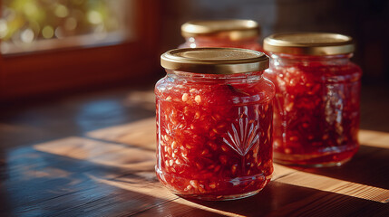 Homemade strawberry jam in decorative glass jars
