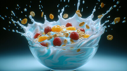 Fruit and milk splash in freeze motion photo
