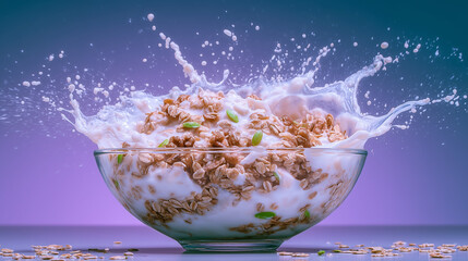 Granola and milk splash against blue background
