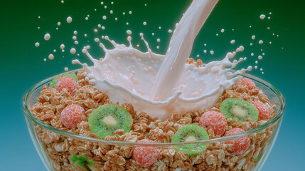 Milk pouring into bowl of colorful cereal

