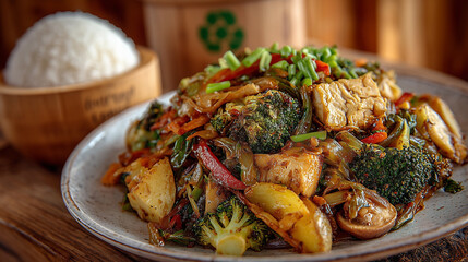 Tofu and vegetable stir fry with spicy sauce
