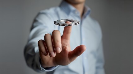 Fine-tuning Precision: An elegant depiction of a person's focused hand delicately balancing a singular gear, a striking visual representation of innovation, control, and the elegance of mechanics.