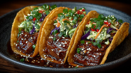 Gourmet beef tacos with fresh herbs and toppings
