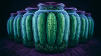 Pickled cucumbers tightly packed in glass jars

