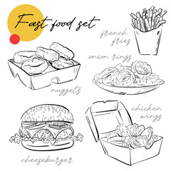Hand drawn sketches set with fast food products on white background. For menu, cafe, restaurant, web,