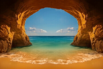 Sea cave opening with beach view and blue water
